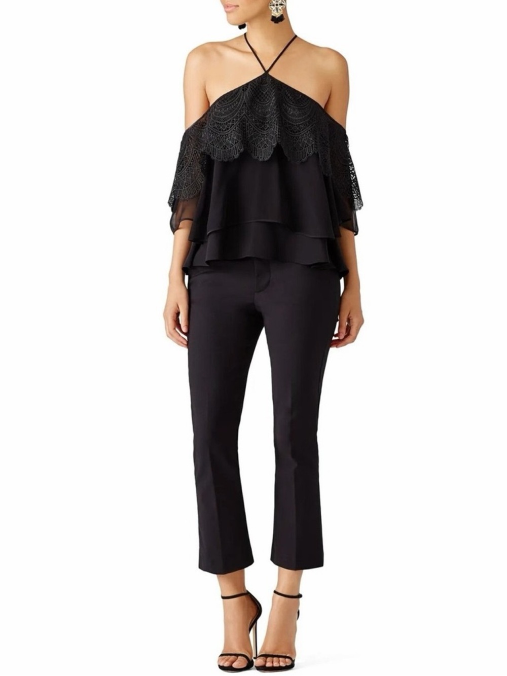 Alice + Olivia Black Cropped Dress Pants with Layered Off-Shoulder Top